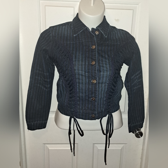 🆕️Y2k Crest Striped Lace Up Demin Cropped Jacket NWT Sz L - Picture 11 of 14